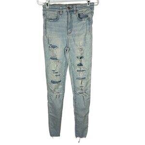 American Eagle Highest Rise Jegging Light Wash Distressed Denim Womens Sz 2 Long